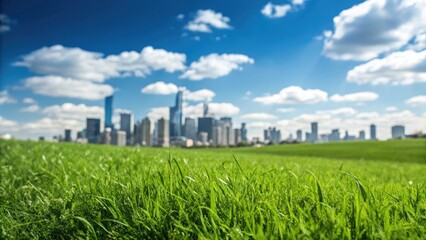 Lush green field contrasts a vibrant city skyline, set against a breathtaking blue sky and fluffy clouds.