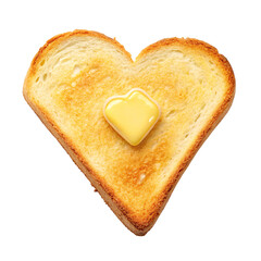 A heart shaped toast with heart shaped butter on top isolated against  studio shot transparent background