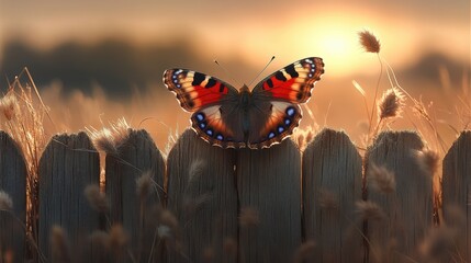 A red admiral butterfly resting on a rustic wooden fence, with blurred countryside scenery behind.
