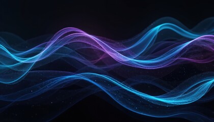 Fototapeta premium Abstract image, blue, purple curved glowing liquid waves on dark background. Futuristic, tech design with neon light, flowing and wavy lines, art illustration for design, graphic elements.