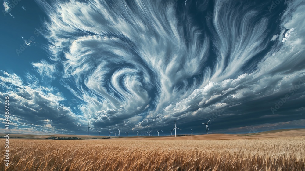 Poster wind turbines over golden wheat fields in saskatchewan under dynamic clouds