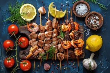 Grilled seafood skewers on rustic board with fresh herbs. Neural network AI generated