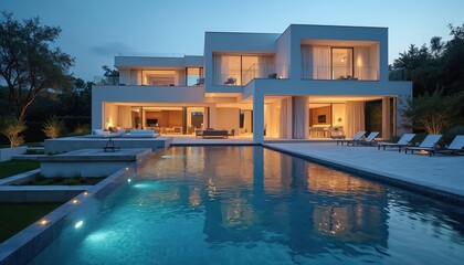 Modern luxury villa with swimming pool and landscaped garden at evening. Interior illumination creates cozy atmosphere. Real estate investment. House for sale or rent. Holiday vacation.