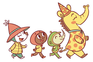 76 Colorful cartoon animal characters, childlike drawings, playful poses, diverse animal types, simple shapes, bright colors, hand-drawn style, whimsical outfits, cheerful expressions, anthropomorphic