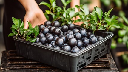 Fresh plums in a black plastic crate.