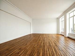 Minimalist white room, bamboo floor, tilt-shift effect; ideal gallery backdrop.
