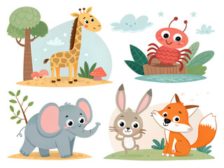 Naklejka premium a playful scene features a giraffe, elephant, rabbit, crab, and fox in nature