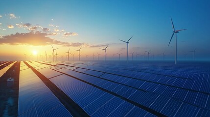 Vast Solar Farm with Modern Panels and Wind Turbines, Clear Blue Sky, Minimal Composition, Photorealistic Lighting