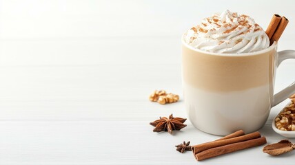 Delicious latte topped with whipped cream and cinnamon sticks on a wooden table.