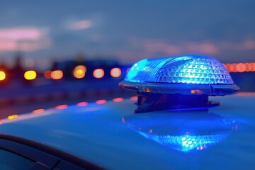 Obraz premium Close-up of blue light flasher on roof of ambulance car of emergency medical service on road control.