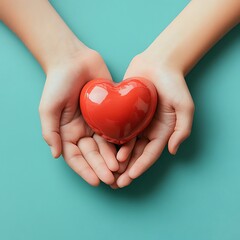 Obraz premium Human hands holding a glossy red heart shape on blue surface