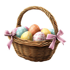 Easter Basket with Colorful Eggs and Ribbons