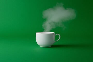A white ceramic mug with visible steam against a green background