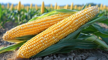 Two ripe yellow corn ears on field.