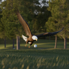 A bald eagle dives to grab a golf ball, wings spread wide, against a lush green field and sunlit trees.