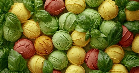 Colorful scoops of artisan gelato in waffle cones with a variety of natural fruit flavors arranged in a vibrant display