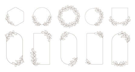 Hand drawn floral frames with flowers, branch and leaves. Elegant logo template. Delicate botanical borders and wreaths in line art and silhouette style. Vector illustration for invitation, card, logo