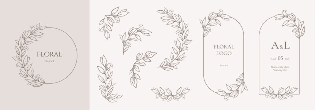 Hand drawn floral frames with flowers, branch and leaves. Elegant logo template. Delicate botanical borders and wreaths in line art and silhouette style. Vector illustration for invitation, card, logo