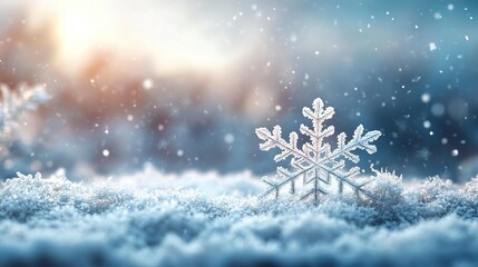 A solitary snowflake sparkles in a soft snowy winter landscape