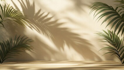 Fototapeta premium Palm leaves cast shadows on a beige wall, creating a tranquil and serene atmosphere. A wooden surface sits below, perfect for product display.