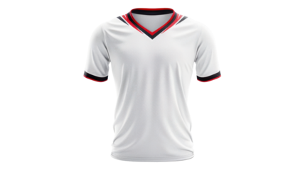 White sports jersey with red and black trim on transparent background