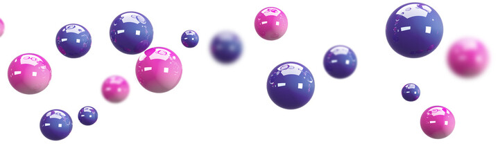 Blue and pink bubbles flying isolated on white