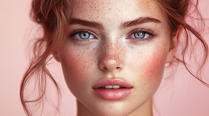 Obraz premium Model with flawless makeup and glowing skin, soft pink tones and natural beauty