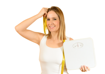 Beautiful smiling woman with scales over transparent background. PNG transparent