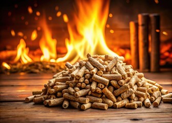 Rustic home's warm glow: a cozy wood pellet fireplace, panoramic winter view, firewood stacked high.