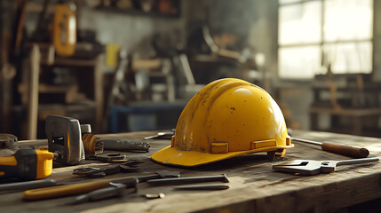 Yellow Construction Helmet on Workbench with Tools