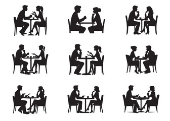 Man and a woman at a table negotiating Silhouette vector illustration Set