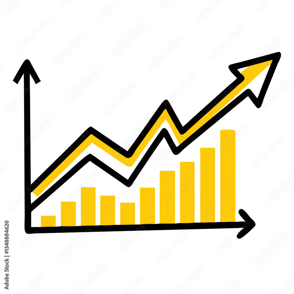 Poster a yellow line graph with ascending bars illustrates growth and progress in a financial or statistica