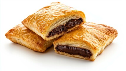 Three golden puff pastries filled with rich chocolate cream on a white background.
