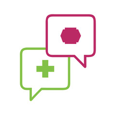 Obraz premium Two speech bubbles in contrasting colors convey communication, featuring a medical symbol and a geometric shape, representing healthcare and dialogue.