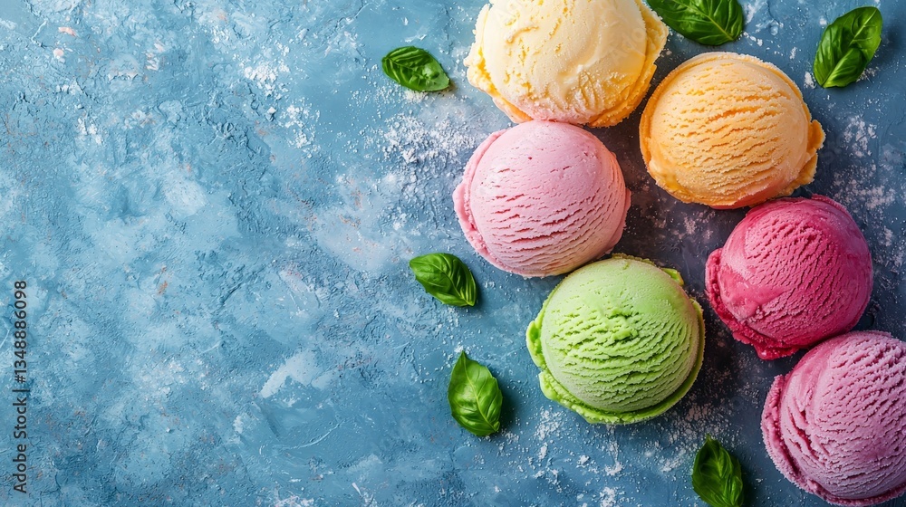 Poster Bright and colorful scoops of assorted ice cream flavors arranged in a dynamic pattern on a light blue textured background for a creative summer dessert concept