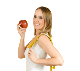 Young woman holding an apple an tape measure smiling over transparent background. PNG transparent