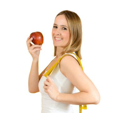 Young woman holding an apple an tape measure smiling over transparent background. PNG transparent