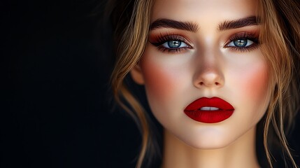 Fototapeta premium Close-up portrait of a woman with red lipstick and dramatic eye makeup.
