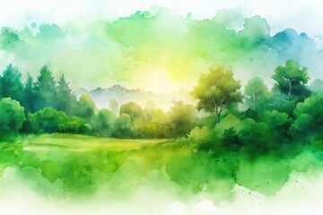 Fototapeta premium Serene green watercolor landscape, softly textured, abstract background for peaceful vibes.
