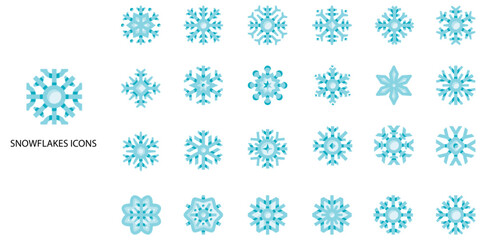 Snowflakes simple concept 24 colour icons set. Contains such snow, snowfall, snowflake, background, banner .Vector illustration.