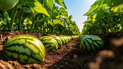 A Serene Watermelon Farm With Rows of Ripe Melons Resting on the Soil
