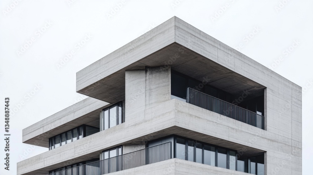Poster modern concrete architecture with clean lines and large windows against a gray sky