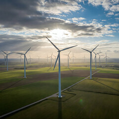 A wind farm with turbines spinning under a partly cloudy sky, generating renewable energy