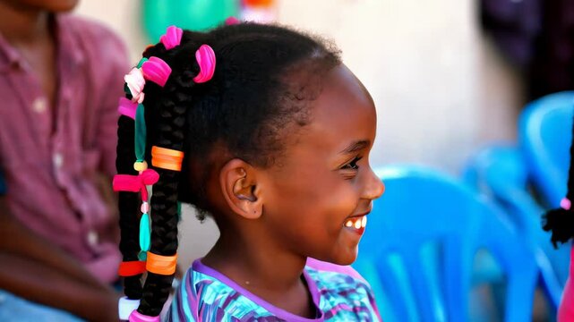 Smiling girl with colorful braided hair sitting on a blue chair in a bright, joyful outdoor setting


