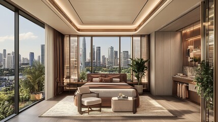 Luxurious city view bedroom suite interior design