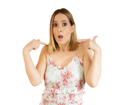 Portrait of young smiling woman in casual dress pointing fingers herself isolated over transparent background. PNG transparent