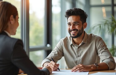 Smiling young hispanic man signs paperwork after job interview at modern office. He has positive emotion, happy with employment. HR manager, recruiter, candidate in meeting at workplace.