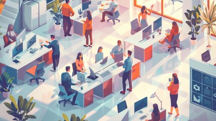Busy corporate office with employees collaborating at workstations