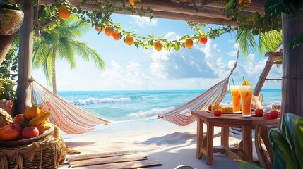 Tropical beach hut hammock relaxation drinks ocean