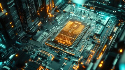 Cybernetic AI Chip Embedded in Futuristic Motherboard